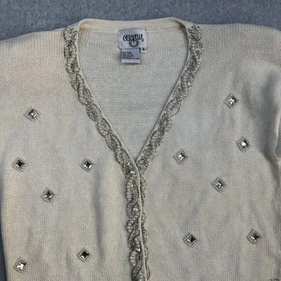 Cervelle Women's Sweater Cream S Ramie Cotton Beaded Embellished Rhinestones - Picture 3 of 11